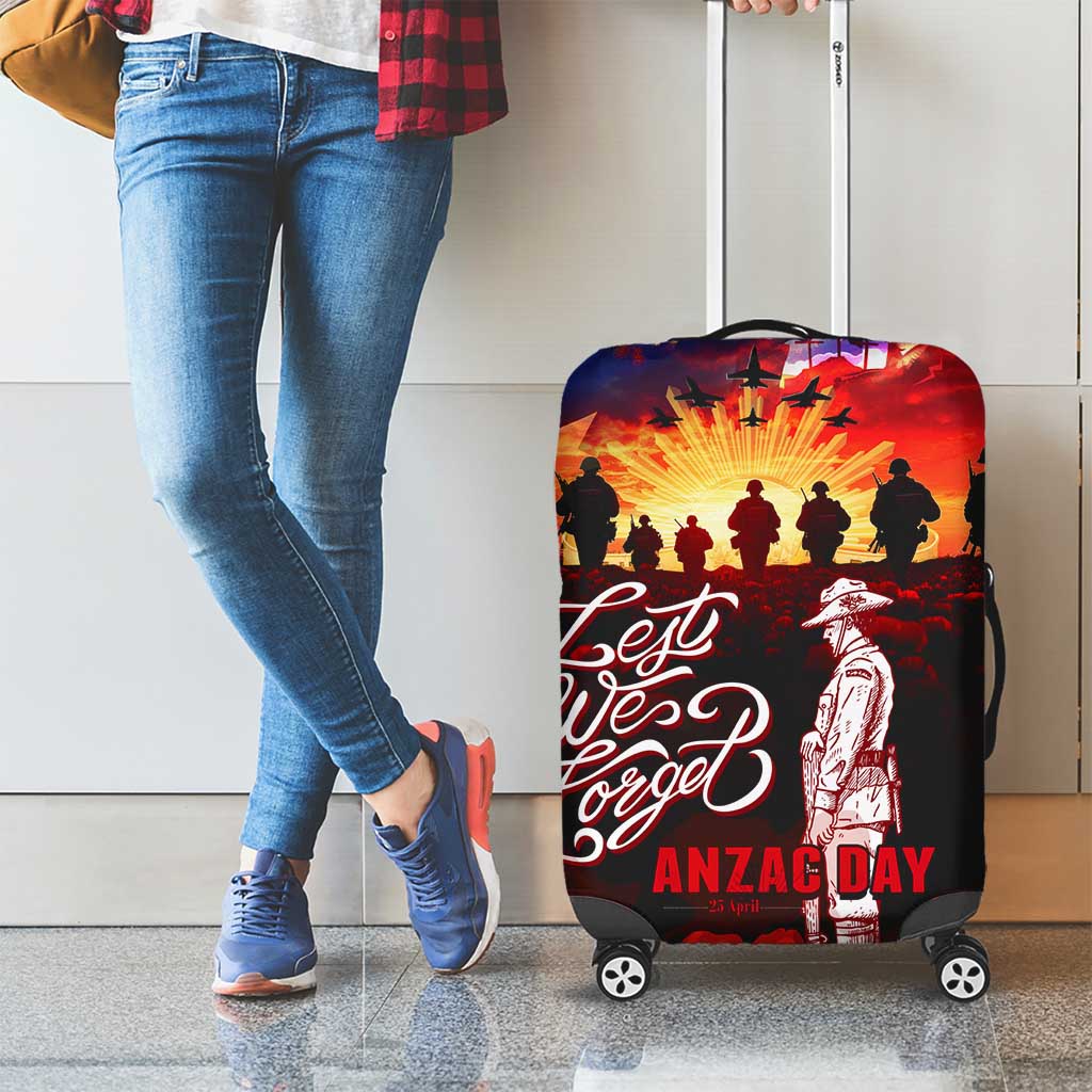 Australia ANZAC Day Luggage Cover Let We Forget - Tribute Art with Soldiers and Poppies
