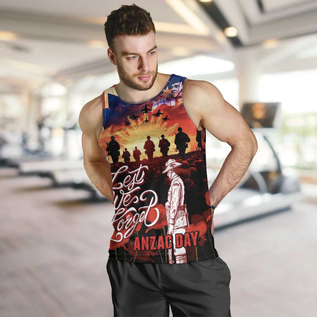 Australia ANZAC Day Men Tank Top Let We Forget - Tribute Art with Soldiers and Poppies