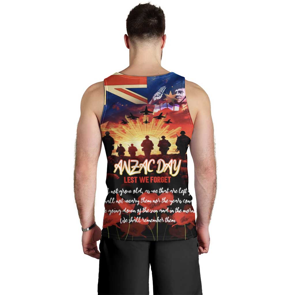 Australia ANZAC Day Men Tank Top Let We Forget - Tribute Art with Soldiers and Poppies