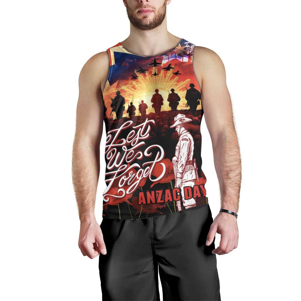 Australia ANZAC Day Men Tank Top Let We Forget - Tribute Art with Soldiers and Poppies