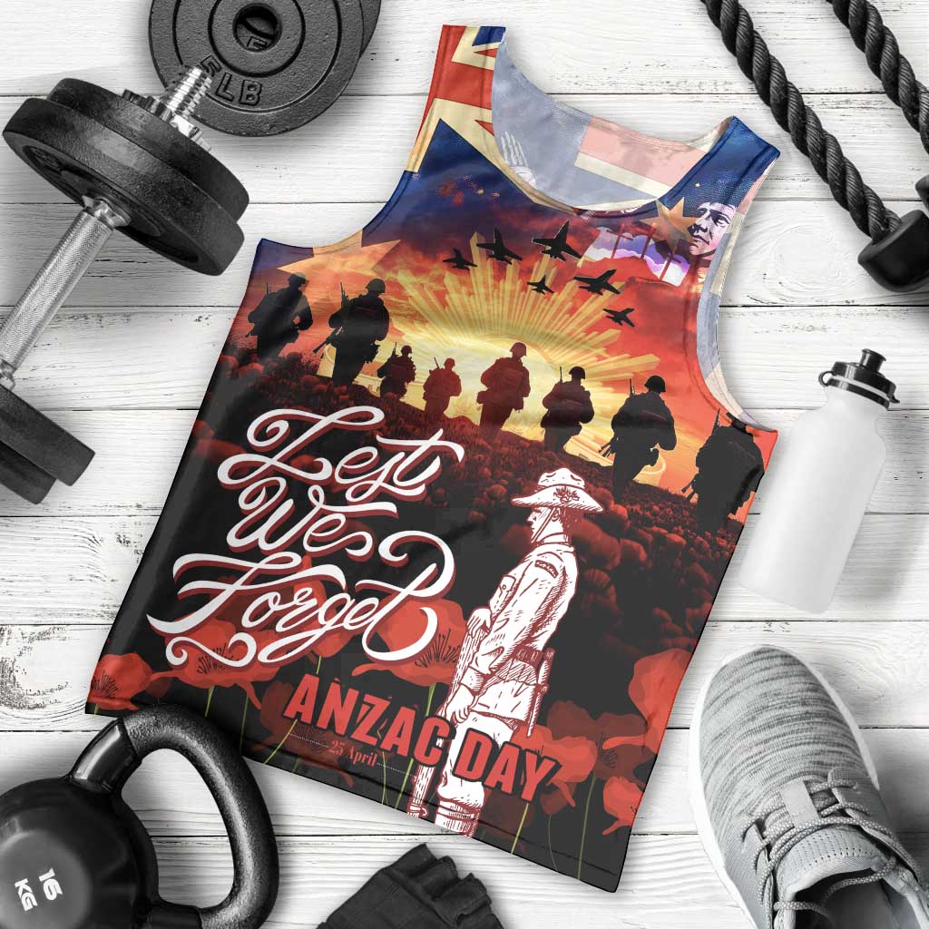 Australia ANZAC Day Men Tank Top Let We Forget - Tribute Art with Soldiers and Poppies