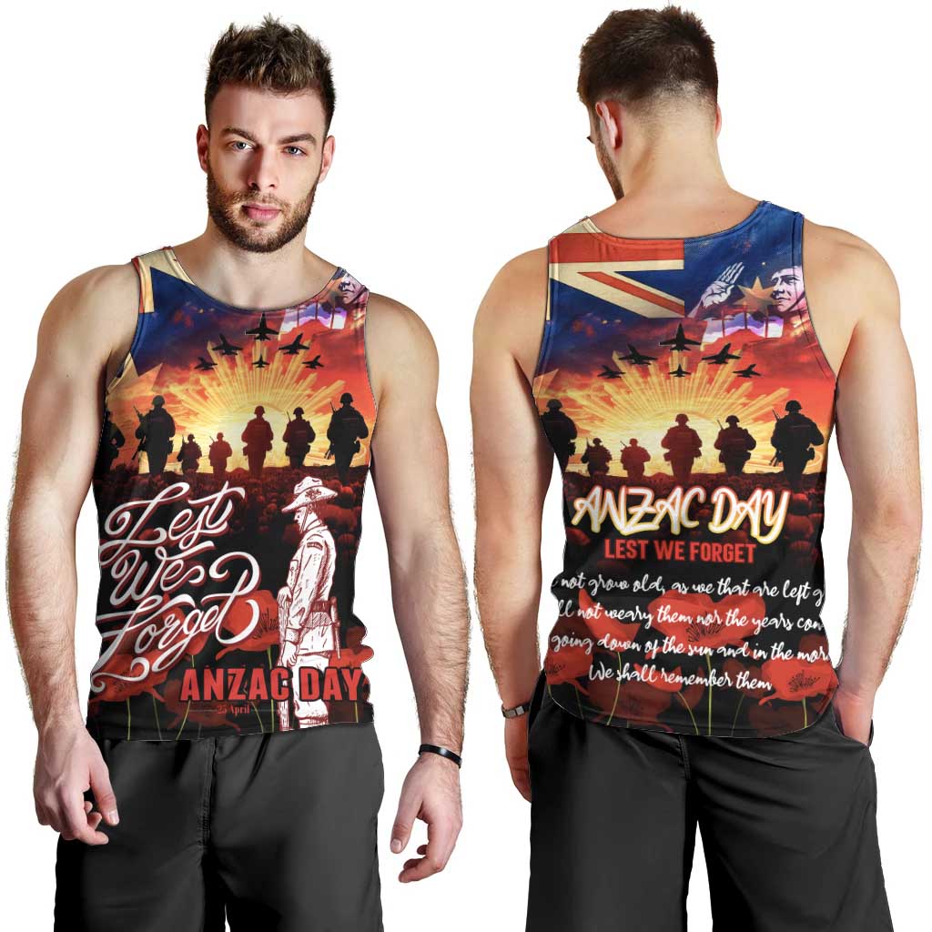 Australia ANZAC Day Men Tank Top Let We Forget - Tribute Art with Soldiers and Poppies