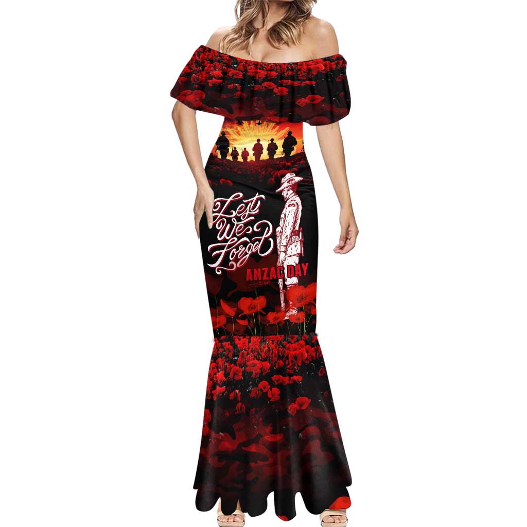 Australia ANZAC Day Mermaid Dress Let We Forget - Tribute Art with Soldiers and Poppies