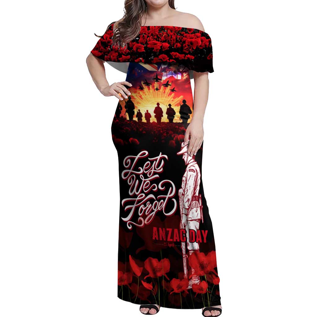 Australia ANZAC Day Off Shoulder Maxi Dress Let We Forget - Tribute Art with Soldiers and Poppies