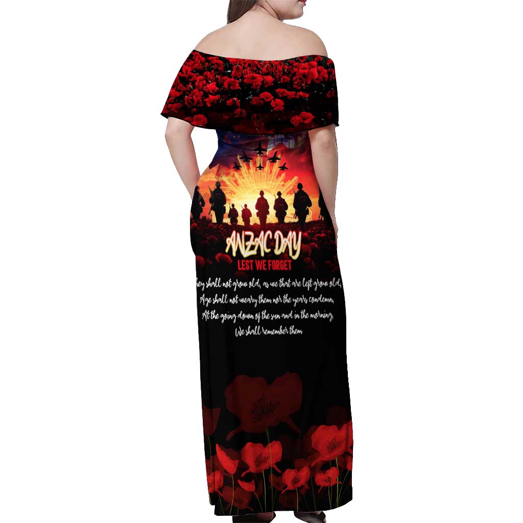 Australia ANZAC Day Off Shoulder Maxi Dress Let We Forget - Tribute Art with Soldiers and Poppies