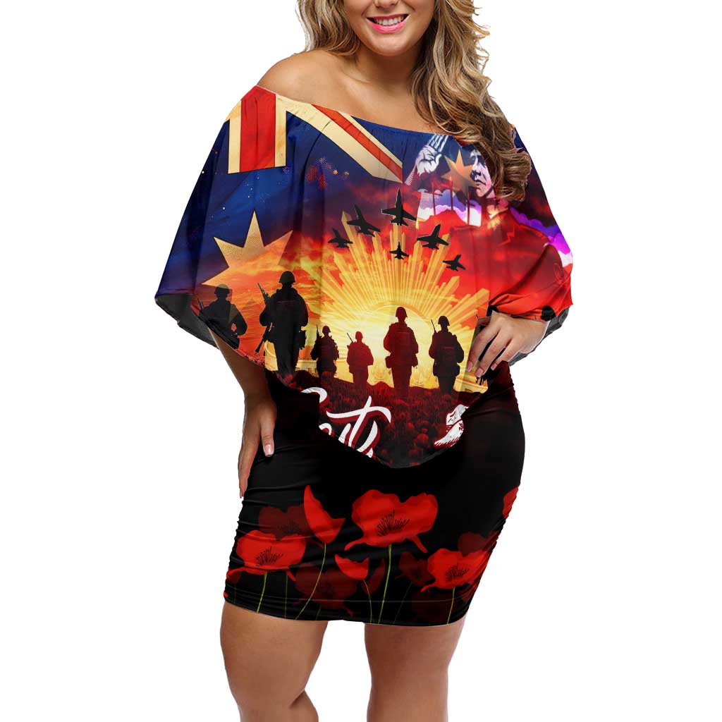 Australia ANZAC Day Off Shoulder Short Dress Let We Forget - Tribute Art with Soldiers and Poppies