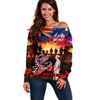 Australia ANZAC Day Off Shoulder Sweater Let We Forget - Tribute Art with Soldiers and Poppies
