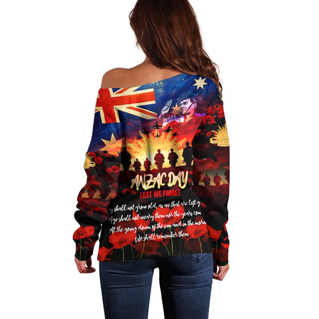 Australia ANZAC Day Off Shoulder Sweater Let We Forget - Tribute Art with Soldiers and Poppies