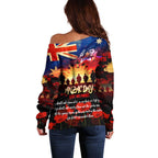 Australia ANZAC Day Off Shoulder Sweater Let We Forget - Tribute Art with Soldiers and Poppies
