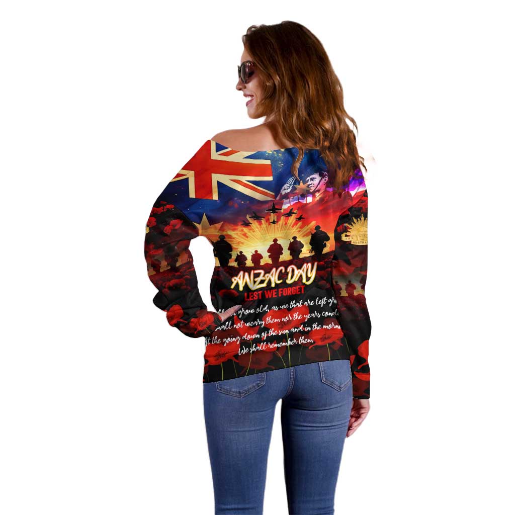Australia ANZAC Day Off Shoulder Sweater Let We Forget - Tribute Art with Soldiers and Poppies