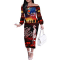 Australia ANZAC Day Off The Shoulder Long Sleeve Dress Let We Forget - Tribute Art with Soldiers and Poppies
