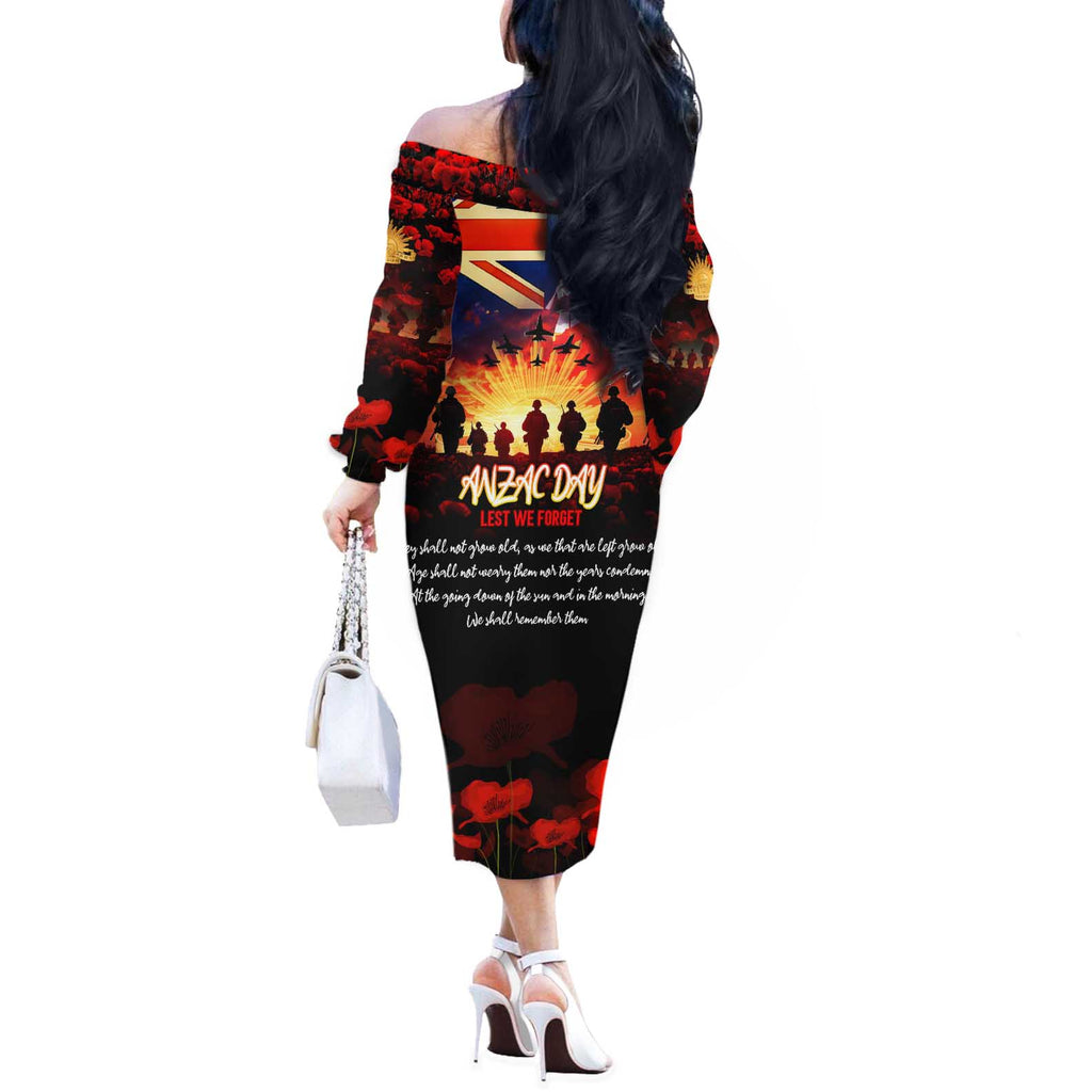 Australia ANZAC Day Off The Shoulder Long Sleeve Dress Let We Forget - Tribute Art with Soldiers and Poppies