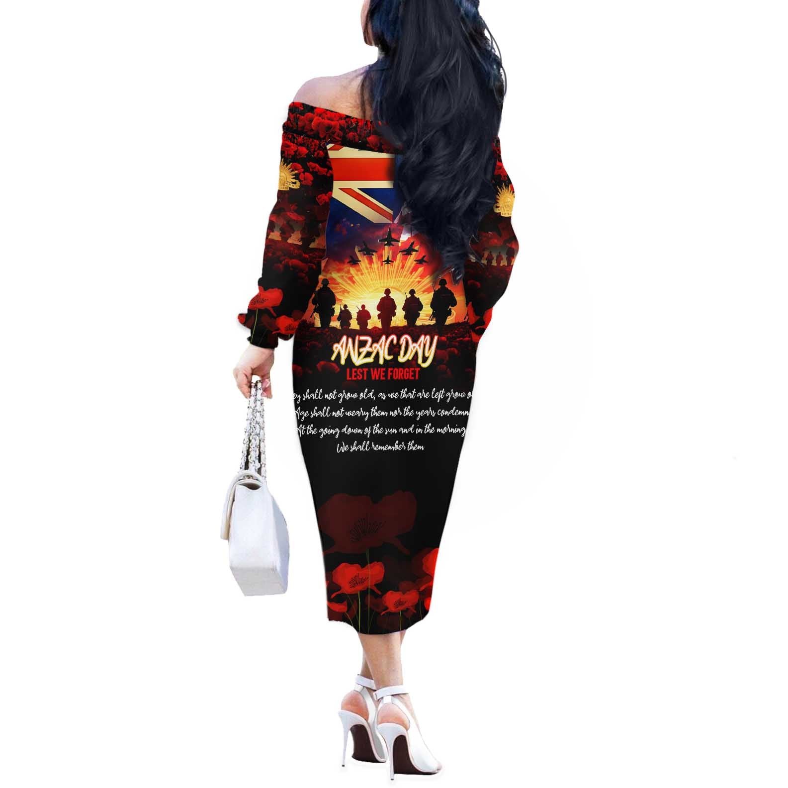 Australia ANZAC Day Off The Shoulder Long Sleeve Dress Let We Forget - Tribute Art with Soldiers and Poppies