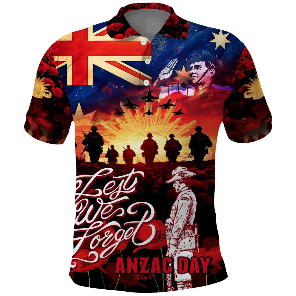 Australia ANZAC Day Polo Shirt Let We Forget - Tribute Art with Soldiers and Poppies