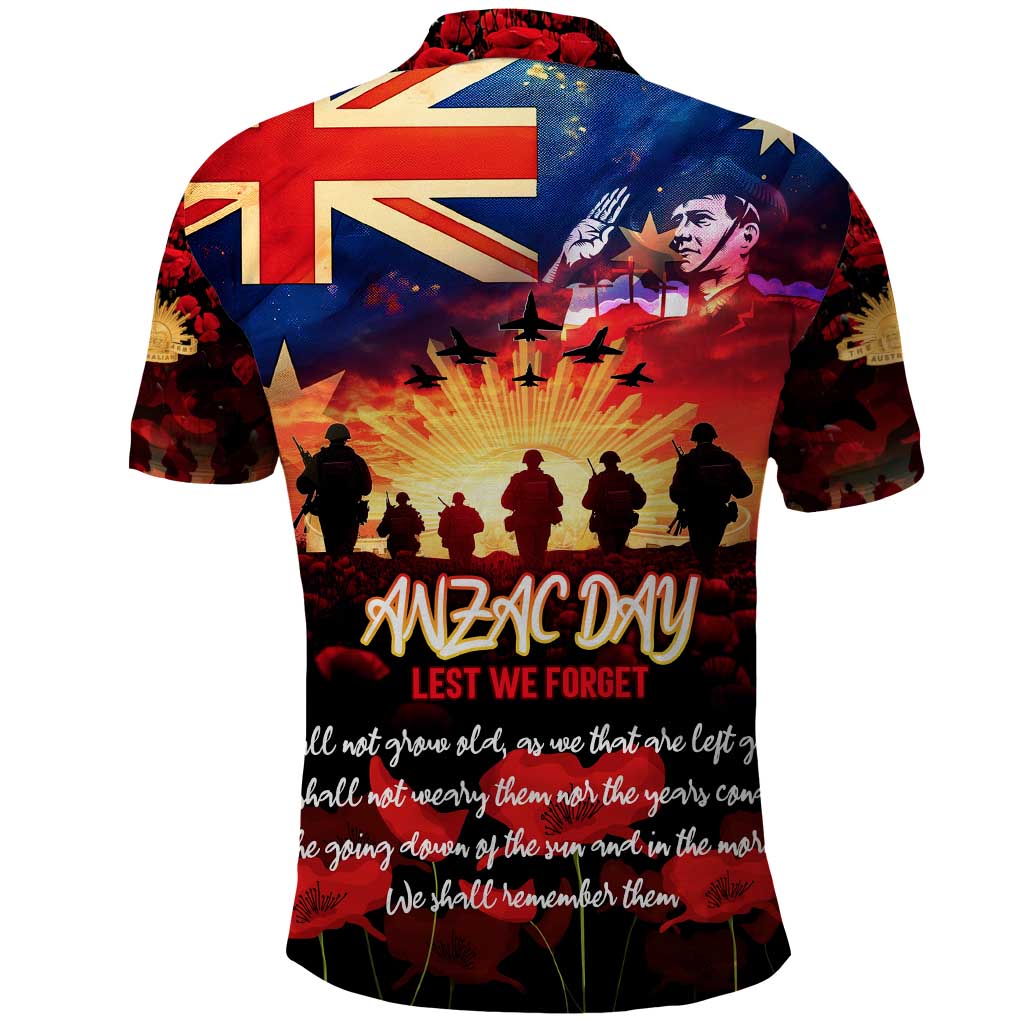 Australia ANZAC Day Polo Shirt Let We Forget - Tribute Art with Soldiers and Poppies