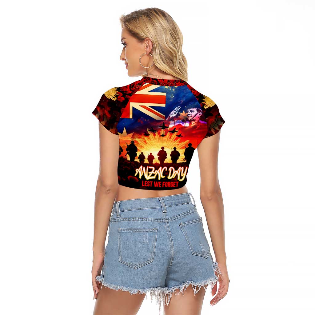 Australia ANZAC Day Raglan Cropped T Shirt Let We Forget - Tribute Art with Soldiers and Poppies