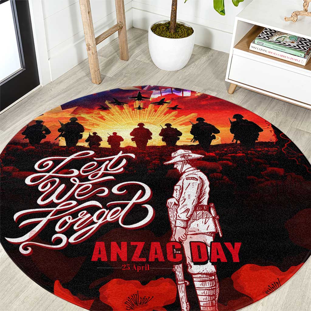 Australia ANZAC Day Round Carpet Let We Forget - Tribute Art with Soldiers and Poppies