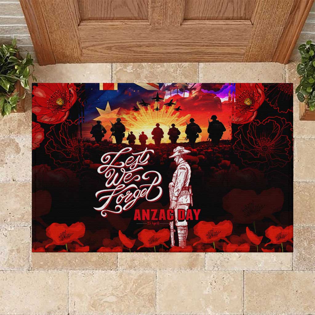 Australia ANZAC Day Rubber Doormat Let We Forget - Tribute Art with Soldiers and Poppies