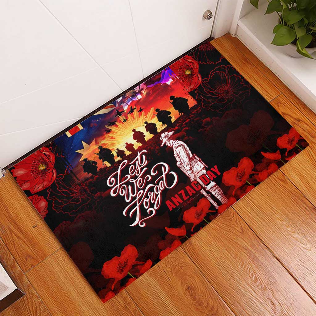 Australia ANZAC Day Rubber Doormat Let We Forget - Tribute Art with Soldiers and Poppies