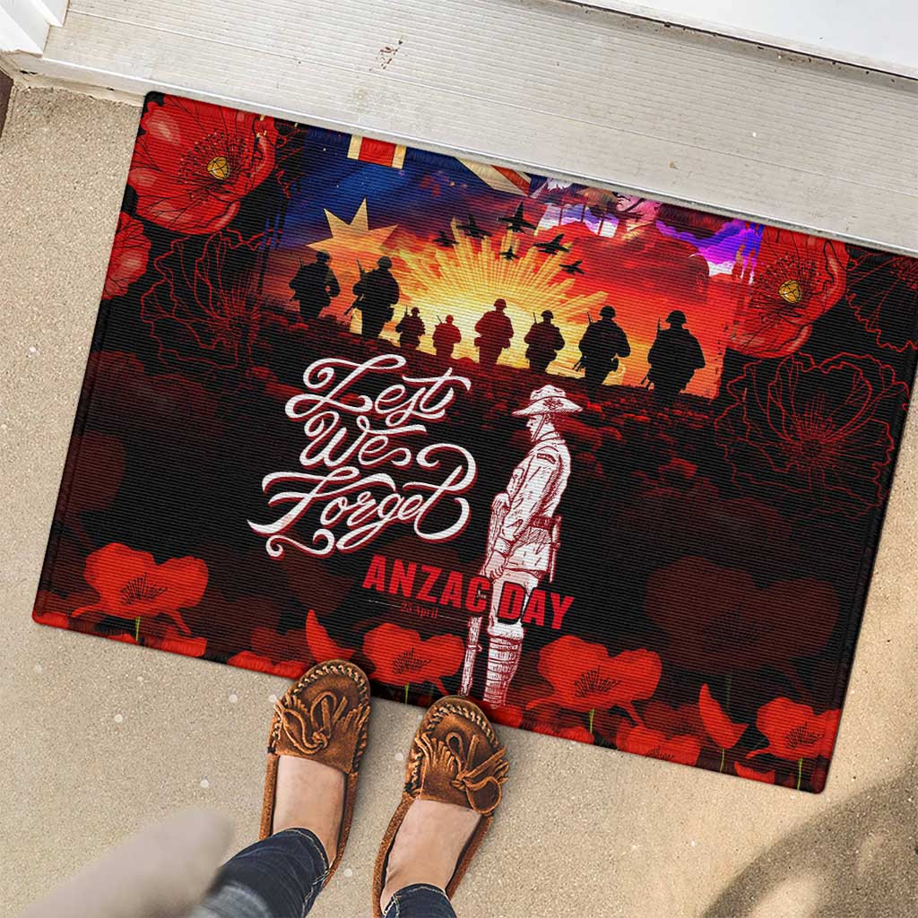 Australia ANZAC Day Rubber Doormat Let We Forget - Tribute Art with Soldiers and Poppies
