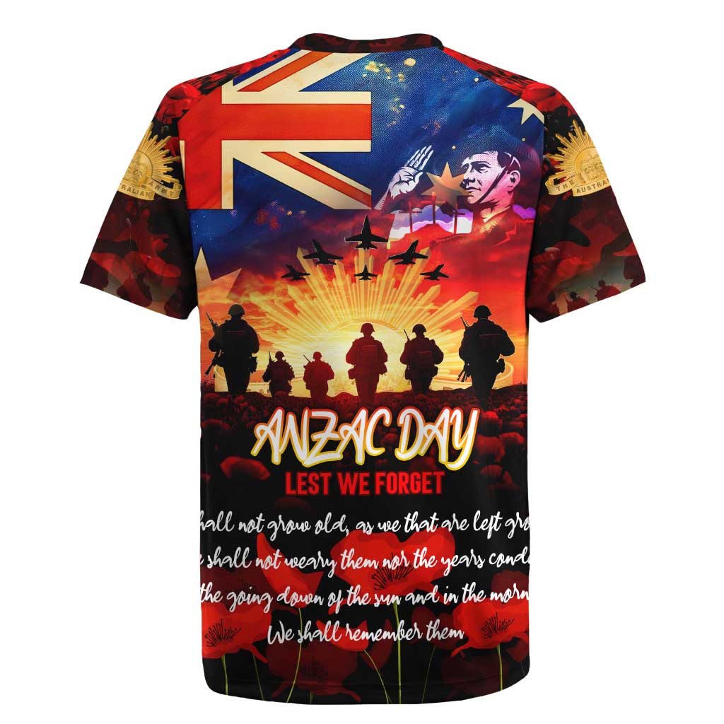 Australia ANZAC Day Rugby Jersey Let We Forget - Tribute Art with Soldiers and Poppies