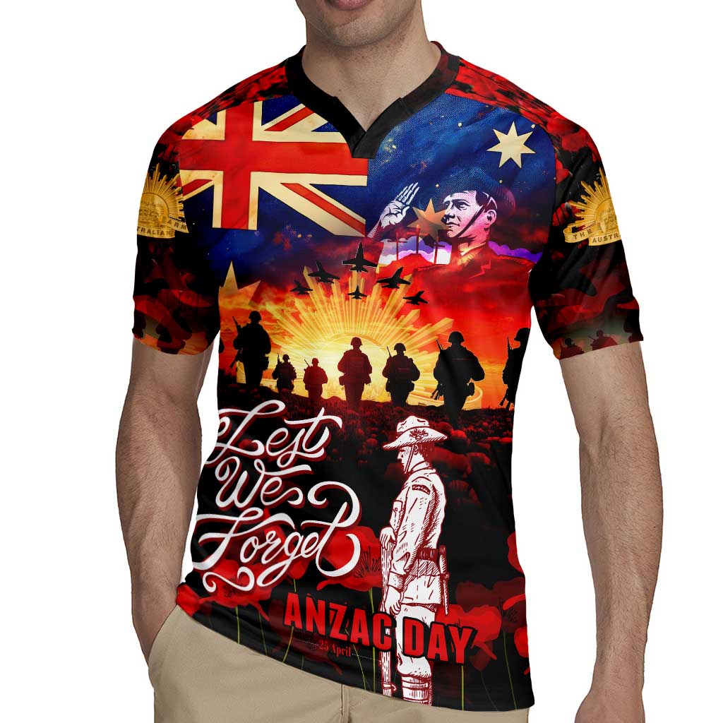 Australia ANZAC Day Rugby Jersey Let We Forget - Tribute Art with Soldiers and Poppies