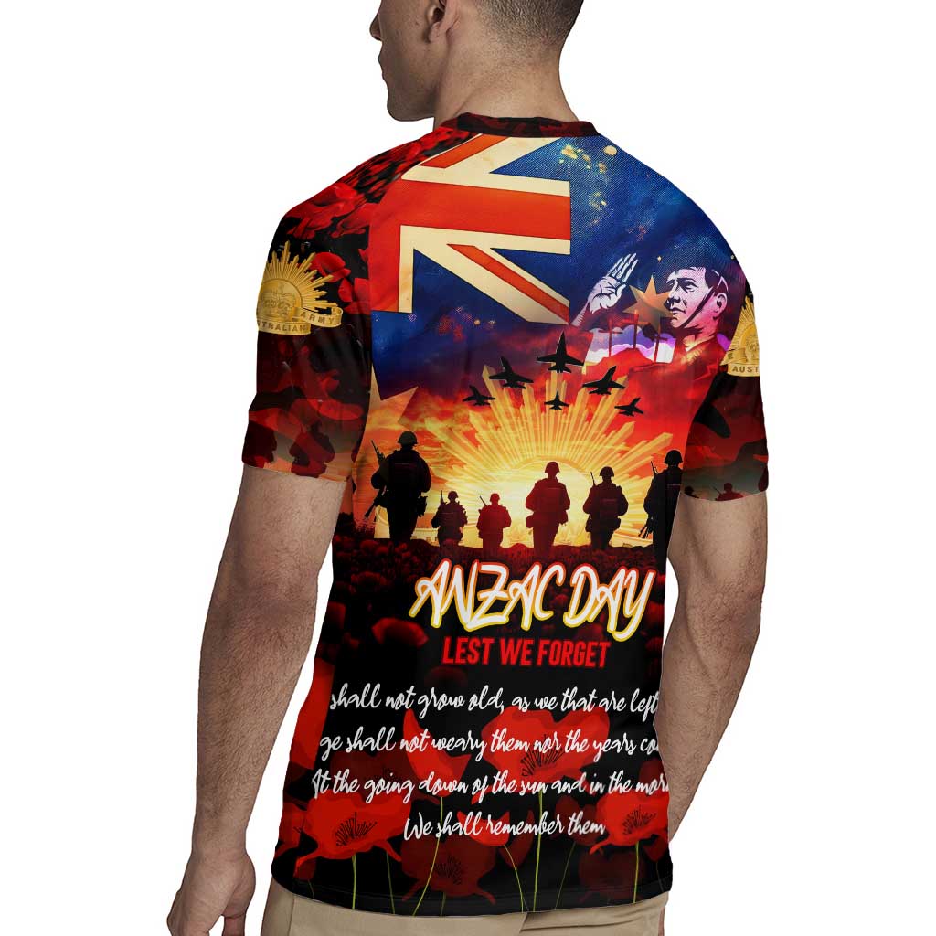 Australia ANZAC Day Rugby Jersey Let We Forget - Tribute Art with Soldiers and Poppies