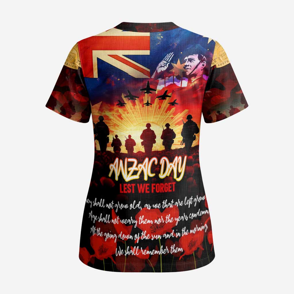 Australia ANZAC Day Scrub Top Let We Forget - Tribute Art with Soldiers and Poppies - Aussie Hoodie