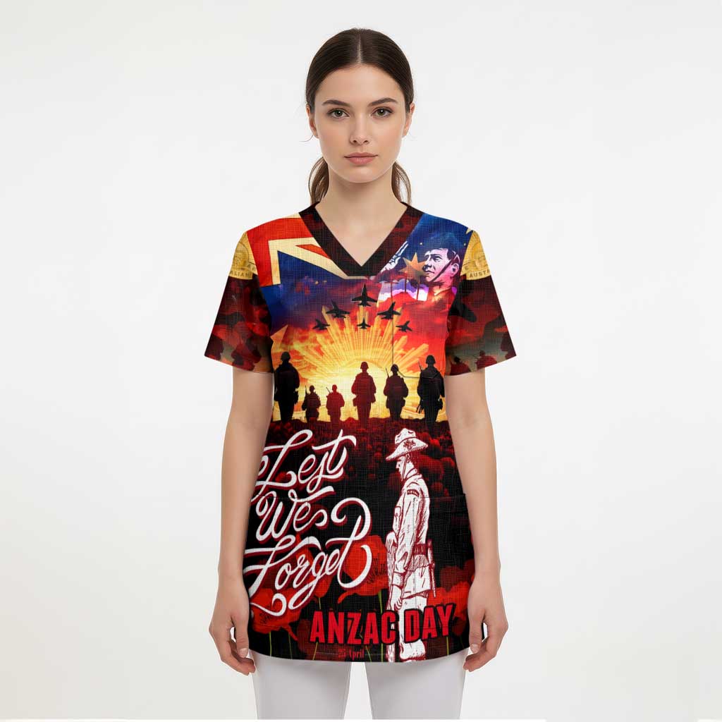 Australia ANZAC Day Scrub Top Let We Forget - Tribute Art with Soldiers and Poppies - Aussie Hoodie