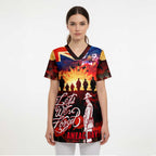 Australia ANZAC Day Scrub Top Let We Forget - Tribute Art with Soldiers and Poppies - Aussie Hoodie