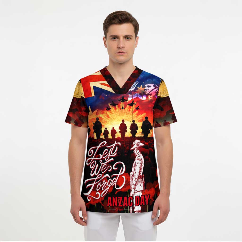 Australia ANZAC Day Scrub Top Let We Forget - Tribute Art with Soldiers and Poppies - Aussie Hoodie