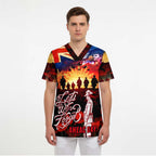 Australia ANZAC Day Scrub Top Let We Forget - Tribute Art with Soldiers and Poppies - Aussie Hoodie