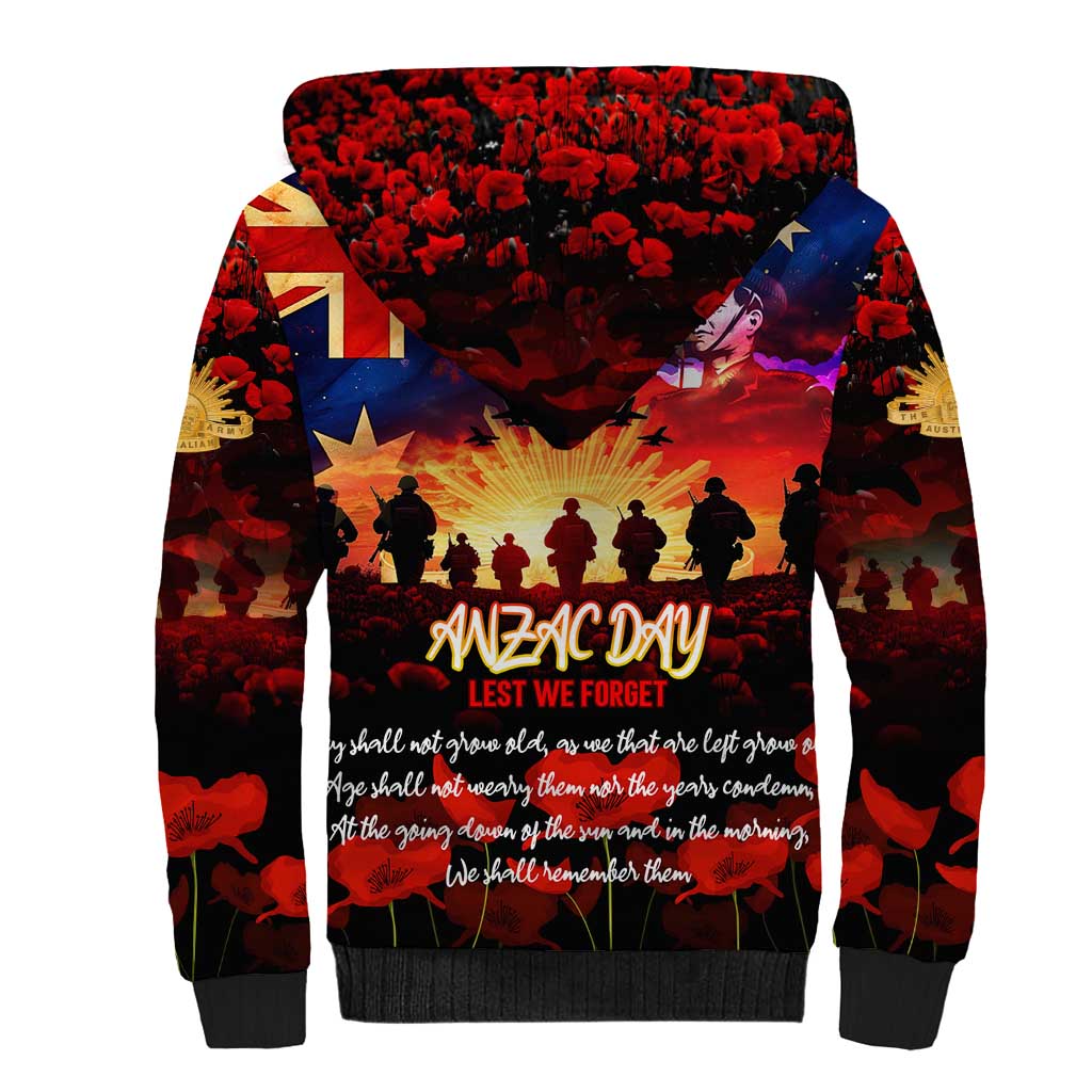 Australia ANZAC Day Sherpa Hoodie Let We Forget - Tribute Art with Soldiers and Poppies