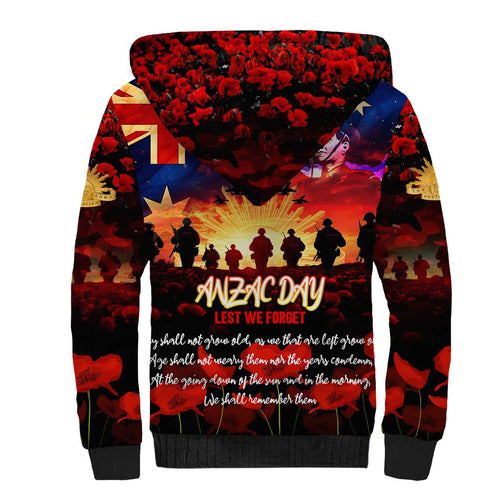 Australia ANZAC Day Sherpa Hoodie Let We Forget - Tribute Art with Soldiers and Poppies