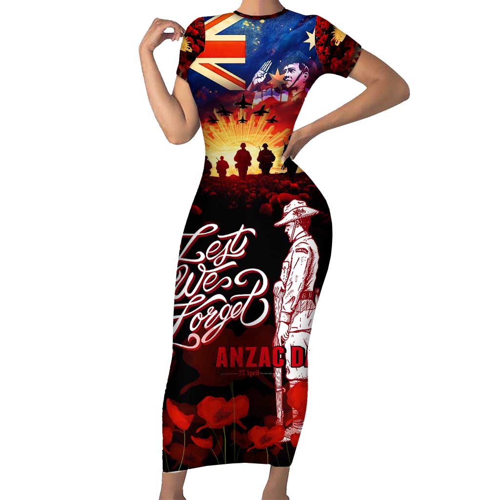 Australia ANZAC Day Short Sleeve Bodycon Dress Let We Forget - Tribute Art with Soldiers and Poppies