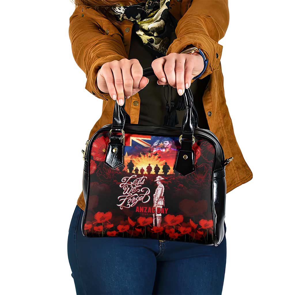 Australia ANZAC Day Shoulder Handbag Let We Forget - Tribute Art with Soldiers and Poppies