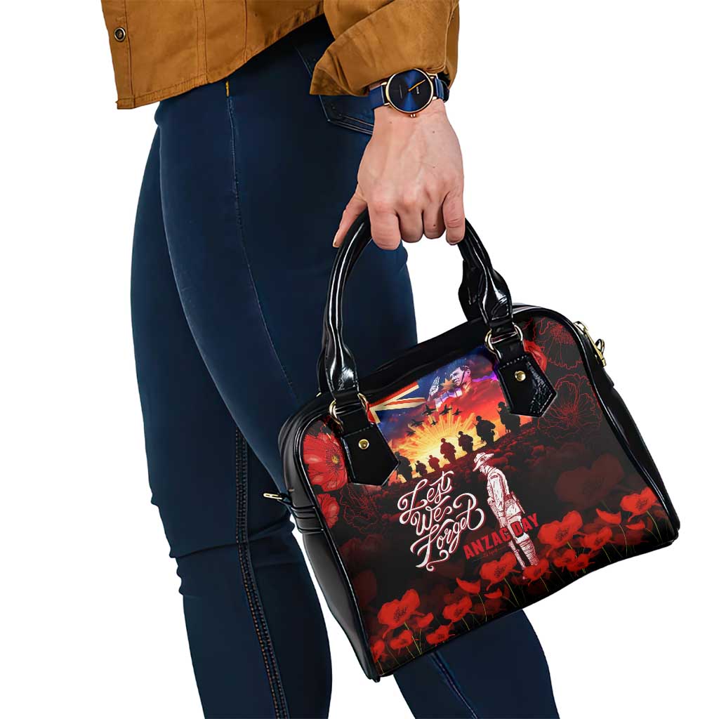 Australia ANZAC Day Shoulder Handbag Let We Forget - Tribute Art with Soldiers and Poppies