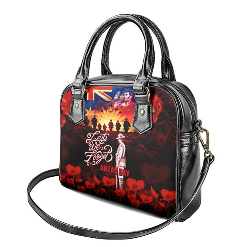 Australia ANZAC Day Shoulder Handbag Let We Forget - Tribute Art with Soldiers and Poppies