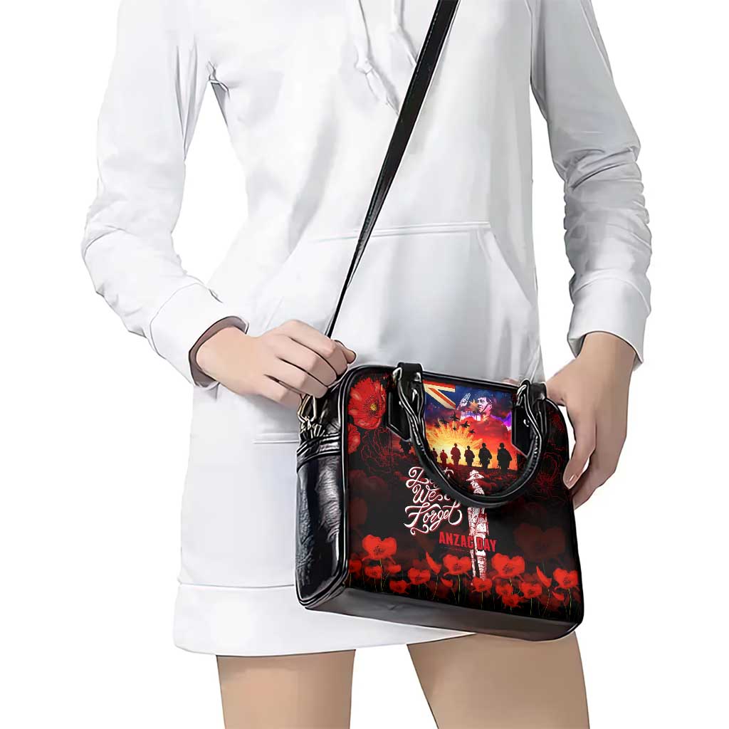 Australia ANZAC Day Shoulder Handbag Let We Forget - Tribute Art with Soldiers and Poppies