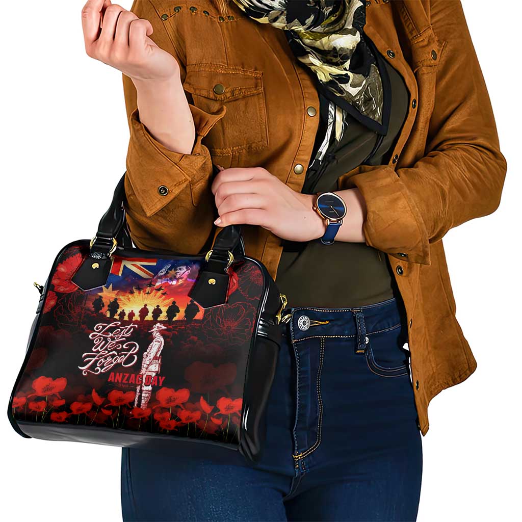 Australia ANZAC Day Shoulder Handbag Let We Forget - Tribute Art with Soldiers and Poppies