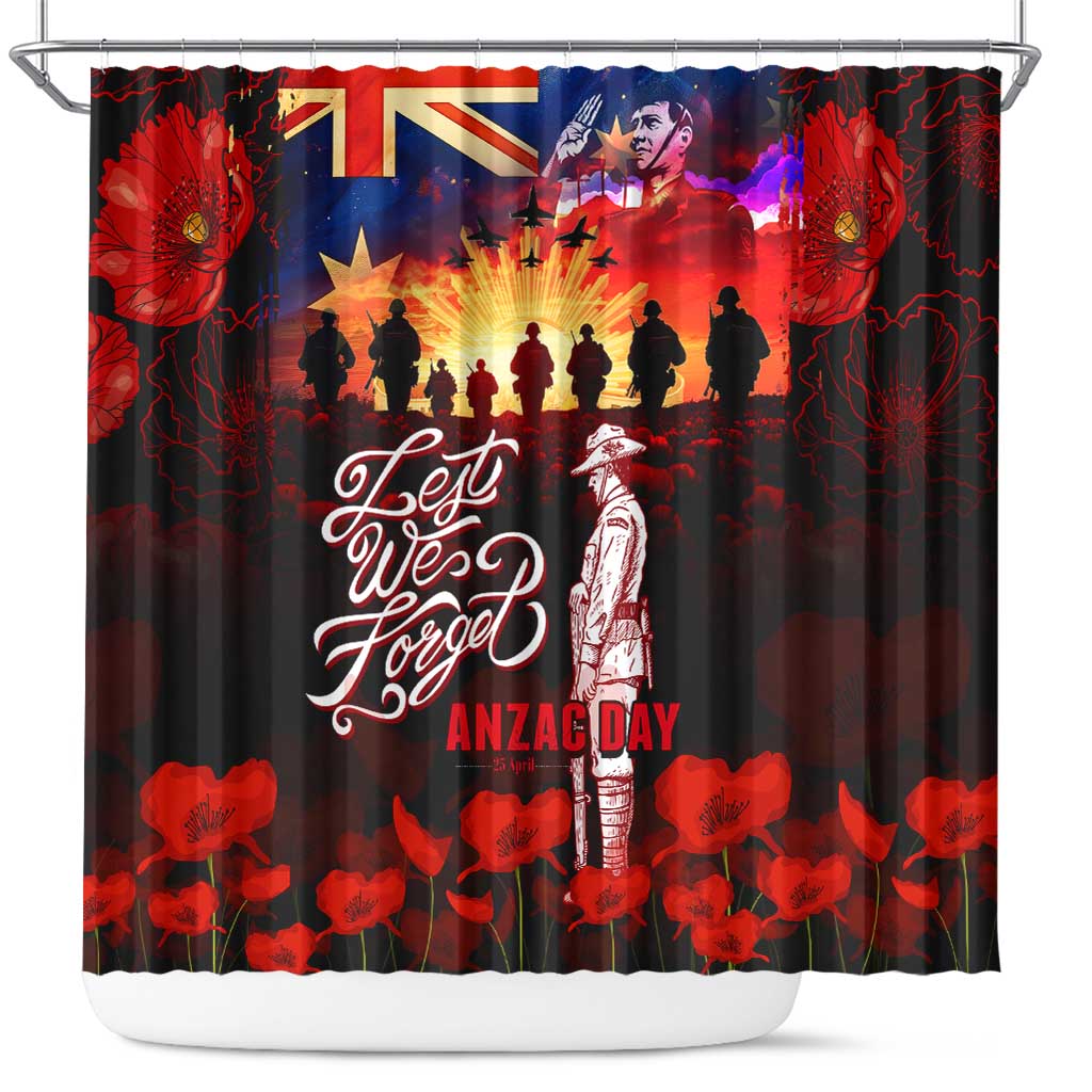 Australia ANZAC Day Shower Curtain Let We Forget - Tribute Art with Soldiers and Poppies