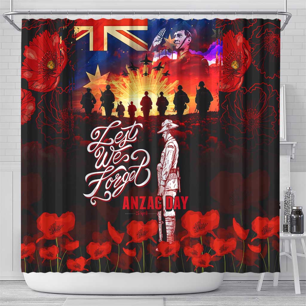 Australia ANZAC Day Shower Curtain Let We Forget - Tribute Art with Soldiers and Poppies