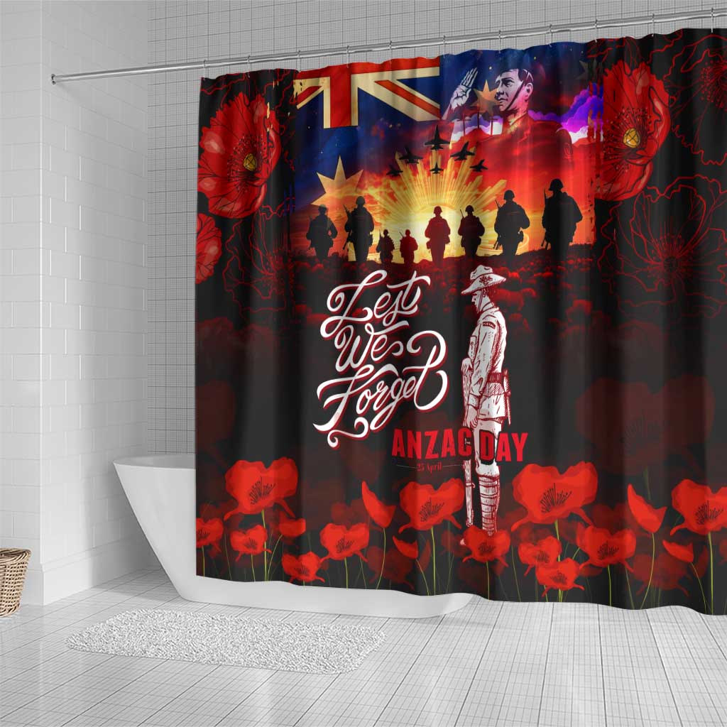 Australia ANZAC Day Shower Curtain Let We Forget - Tribute Art with Soldiers and Poppies
