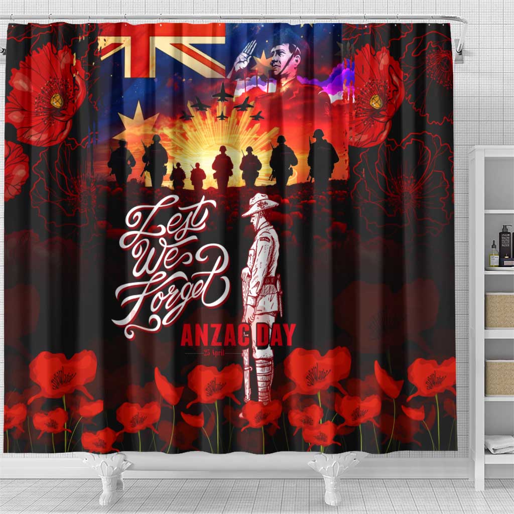 Australia ANZAC Day Shower Curtain Let We Forget - Tribute Art with Soldiers and Poppies