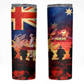 Australia ANZAC Day Skinny Tumbler Let We Forget - Tribute Art with Soldiers and Poppies