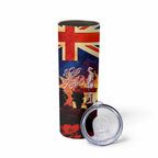 Australia ANZAC Day Skinny Tumbler Let We Forget - Tribute Art with Soldiers and Poppies