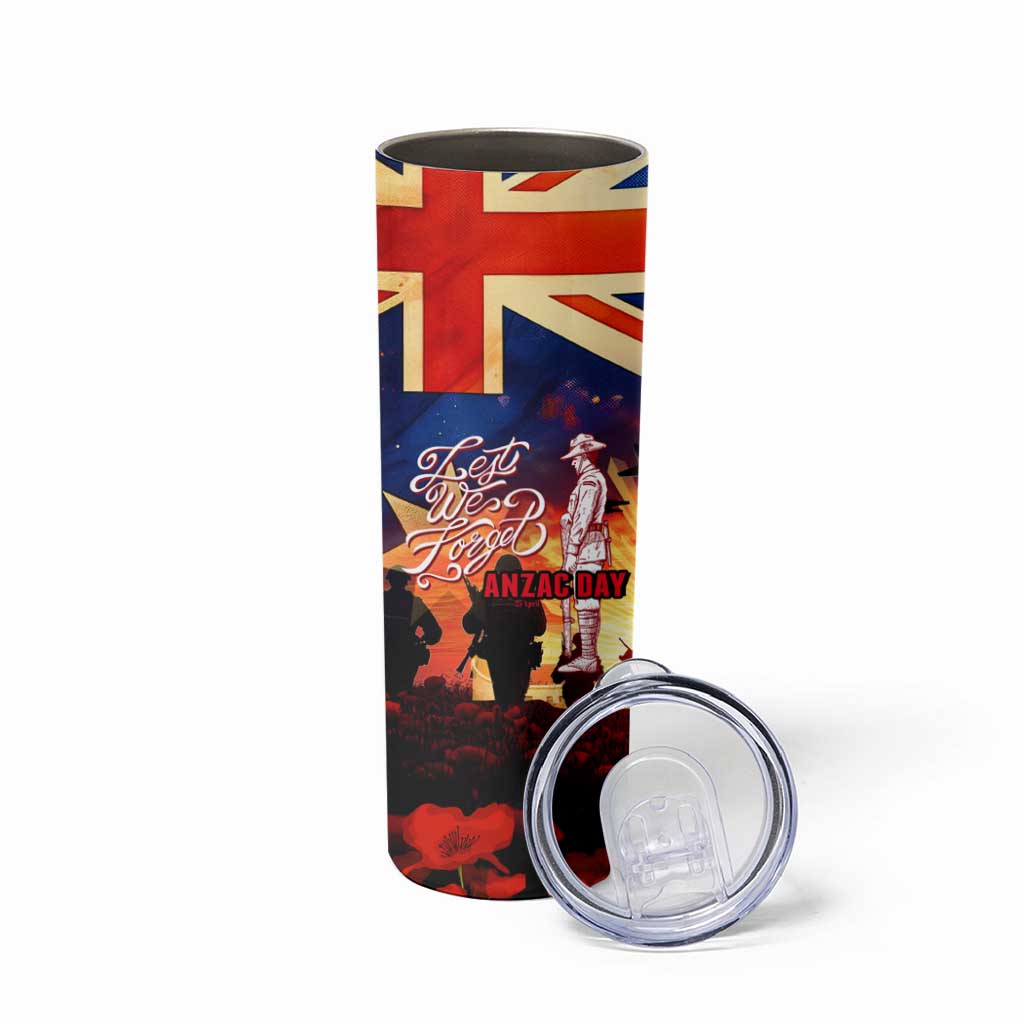 Australia ANZAC Day Skinny Tumbler Let We Forget - Tribute Art with Soldiers and Poppies