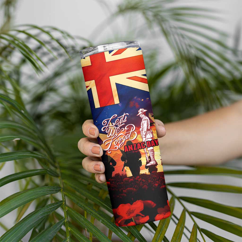 Australia ANZAC Day Skinny Tumbler Let We Forget - Tribute Art with Soldiers and Poppies