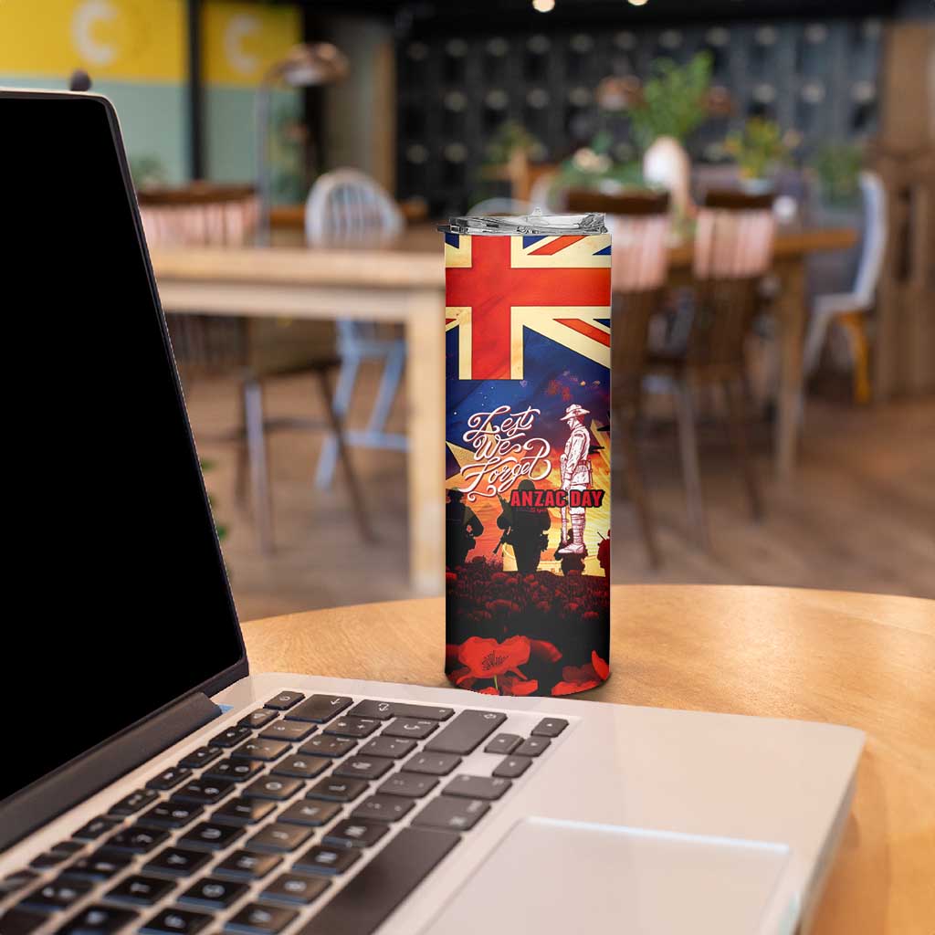 Australia ANZAC Day Skinny Tumbler Let We Forget - Tribute Art with Soldiers and Poppies
