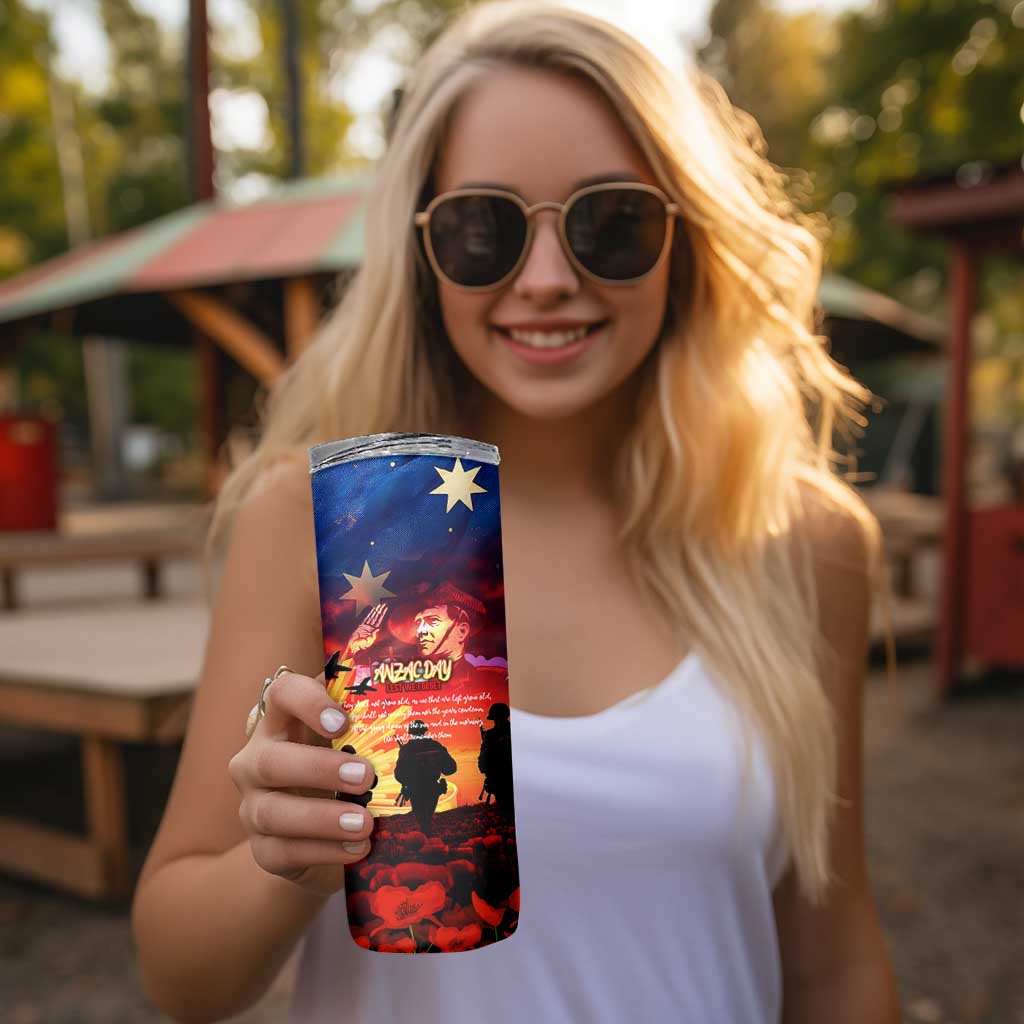 Australia ANZAC Day Skinny Tumbler Let We Forget - Tribute Art with Soldiers and Poppies